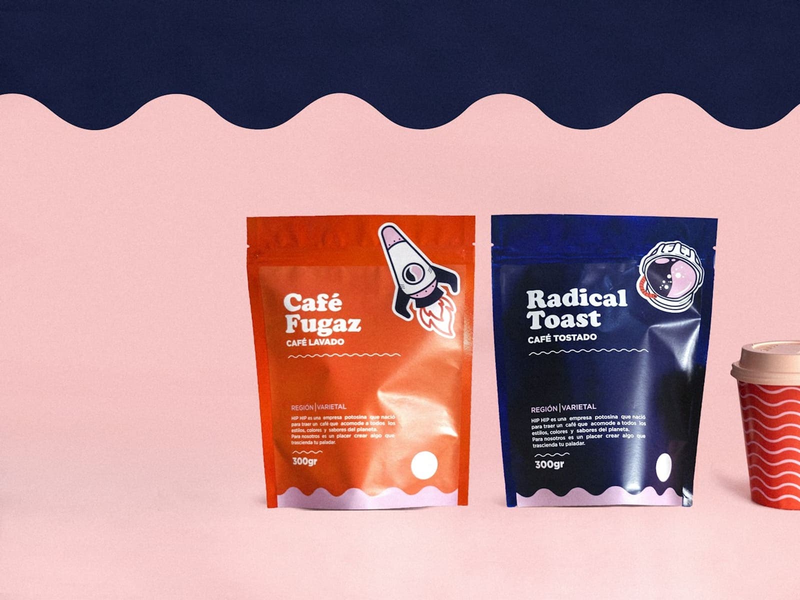 Coffee bags and a paper cup on a pink background