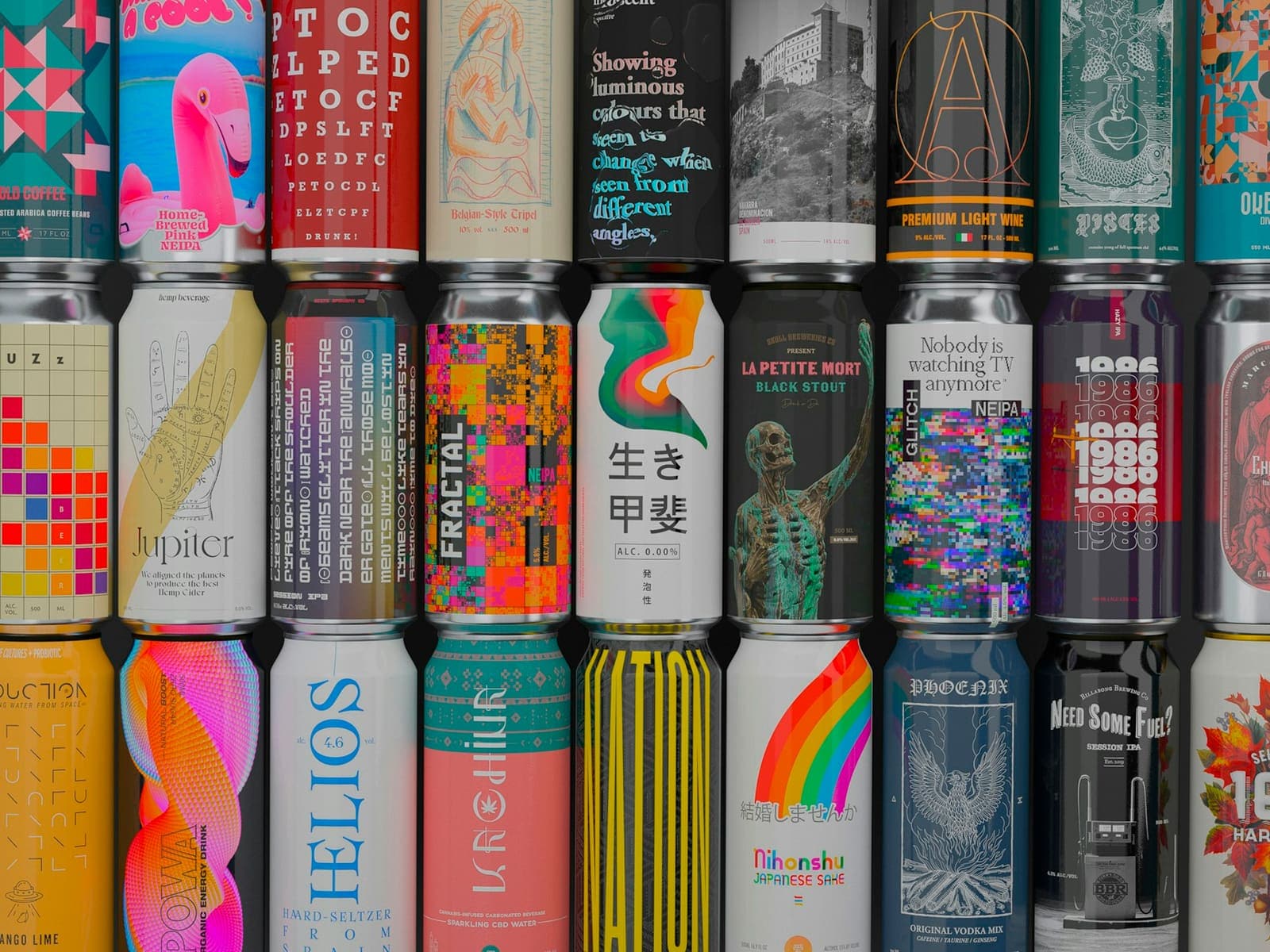 Wall of colourful printed cans
